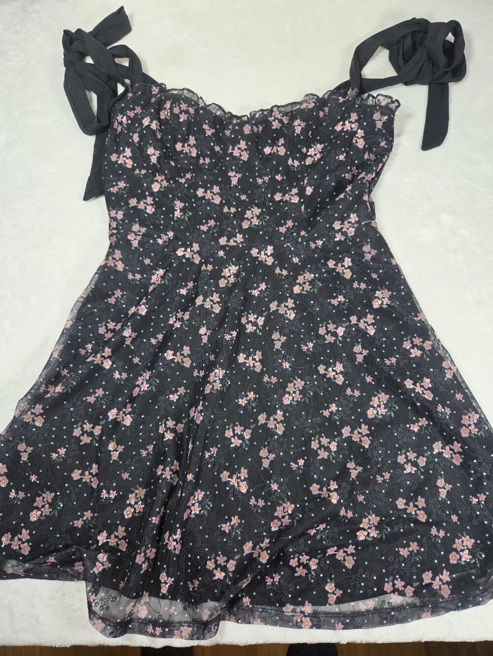 Lulu's Aldara Black Floral Mesh Tie-Strap Mini Dress Fairy Grunge Whimsygoth